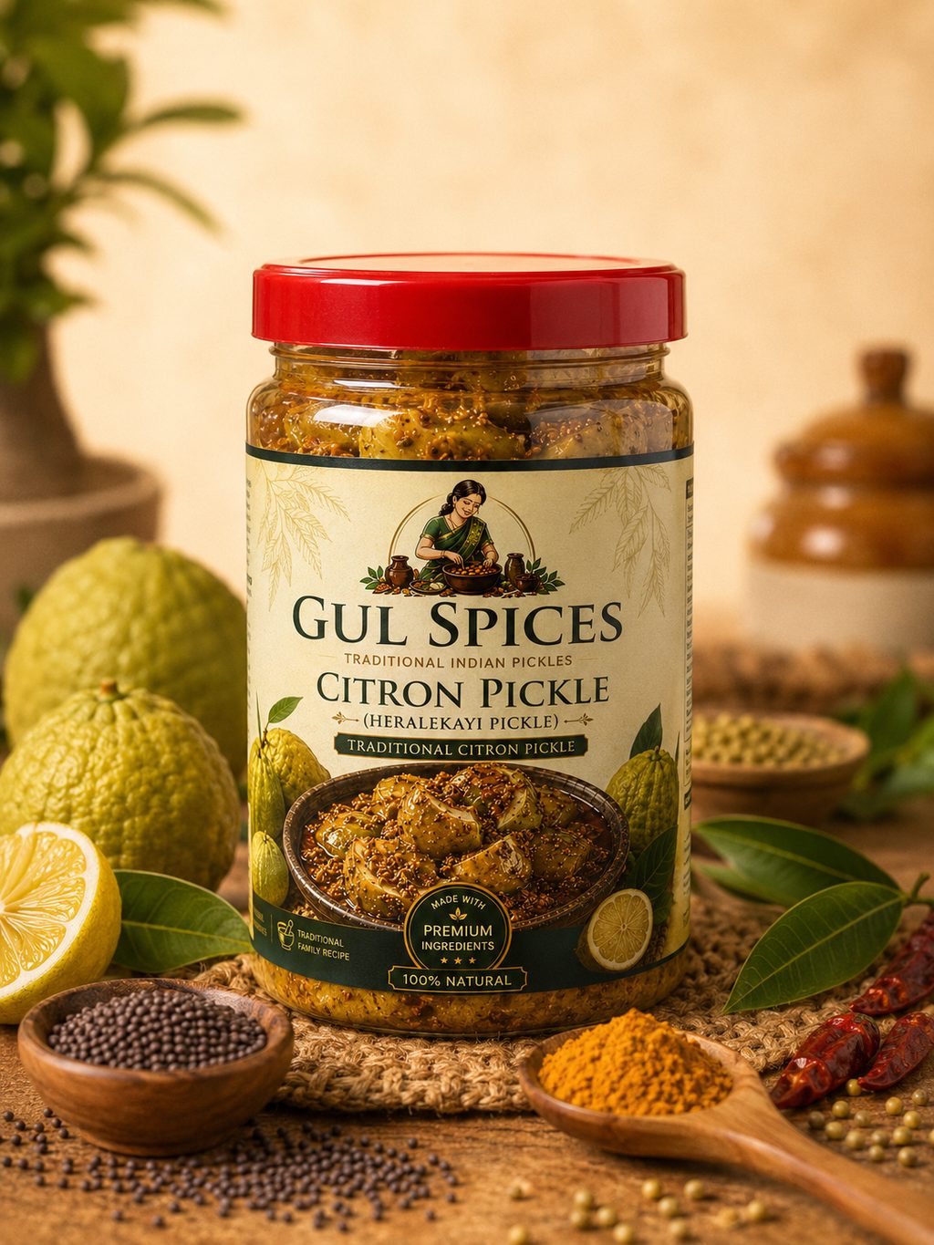 Glass jar of Heralekayi Citron Pickle with fresh citron and spices