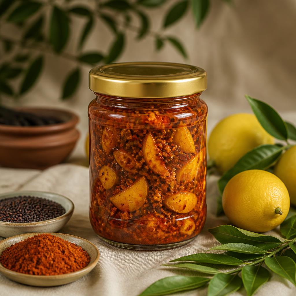 Glass jar of Lemon Pickle with fresh lemons and mustard seeds
